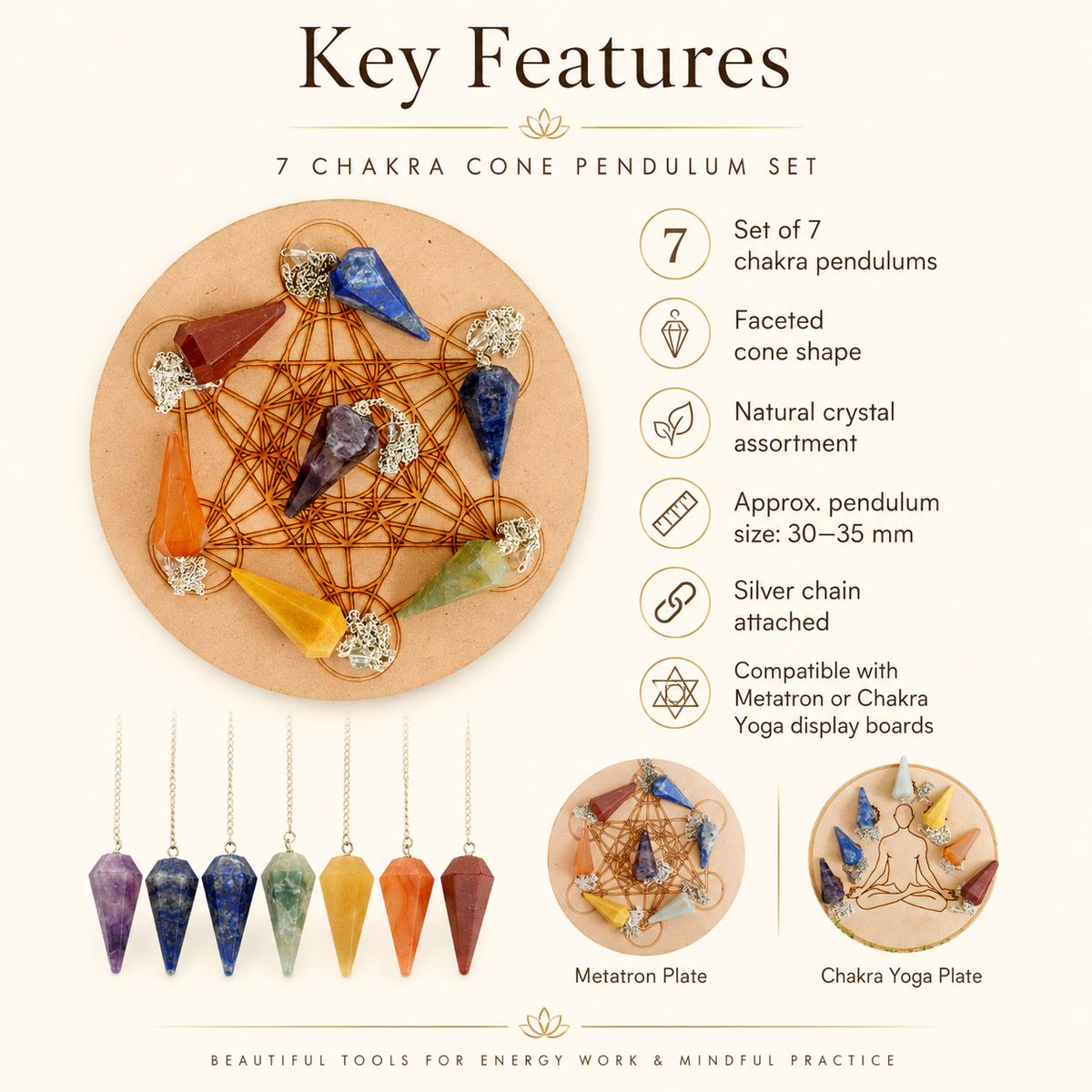 Seven Chakra Crystal Pendulum with Wooden Grid Plate, Selenite Log