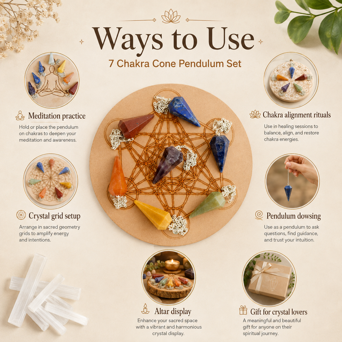 Seven Chakra Crystal Pendulum with Wooden Grid Plate, Selenite Log