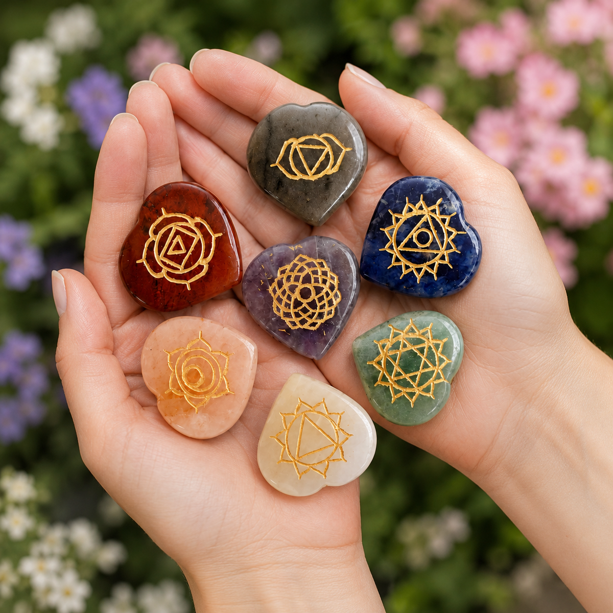 Chakra Crystals Set, Heart Shaped Reiki 7 Chakra Stones Set, Wooden Grid Plate, Selenite Log