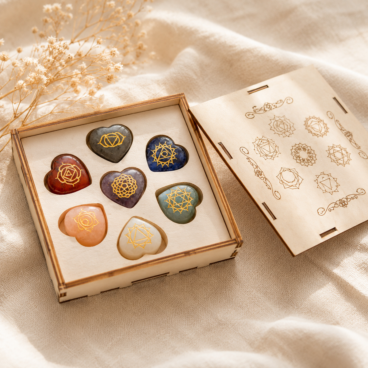Chakra Crystals Set, Heart Shaped Reiki 7 Chakra Stones Set, Wooden Grid Plate, Selenite Log