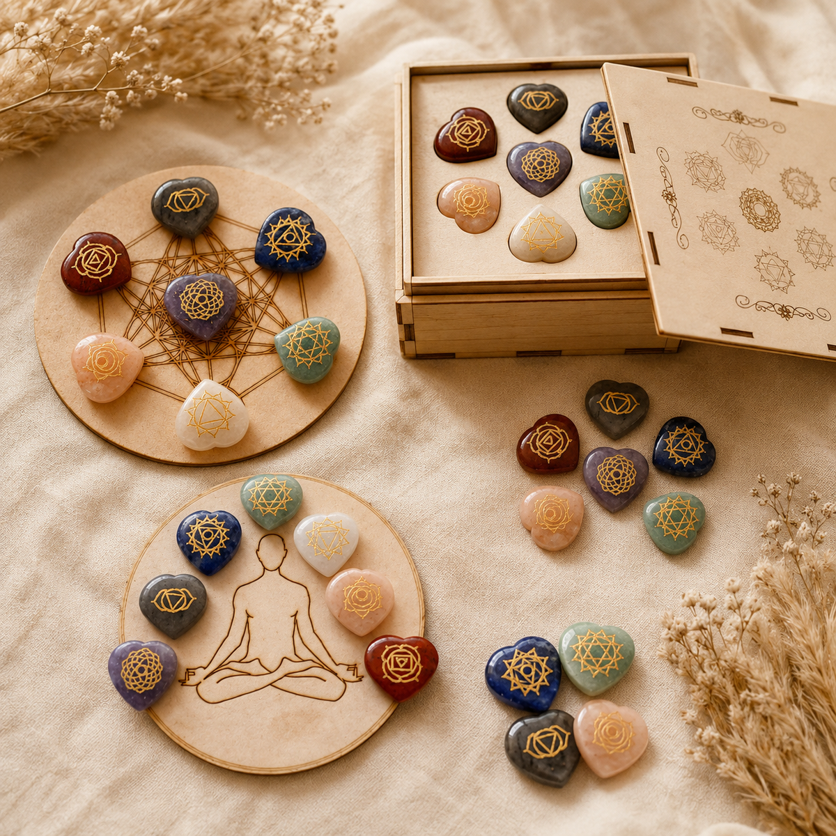 Chakra Crystals Set, Heart Shaped Reiki 7 Chakra Stones Set, Wooden Grid Plate, Selenite Log