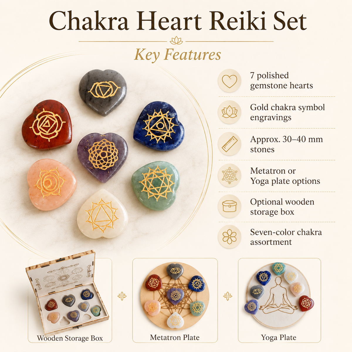 Chakra Crystals Set, Heart Shaped Reiki 7 Chakra Stones Set, Wooden Grid Plate, Selenite Log