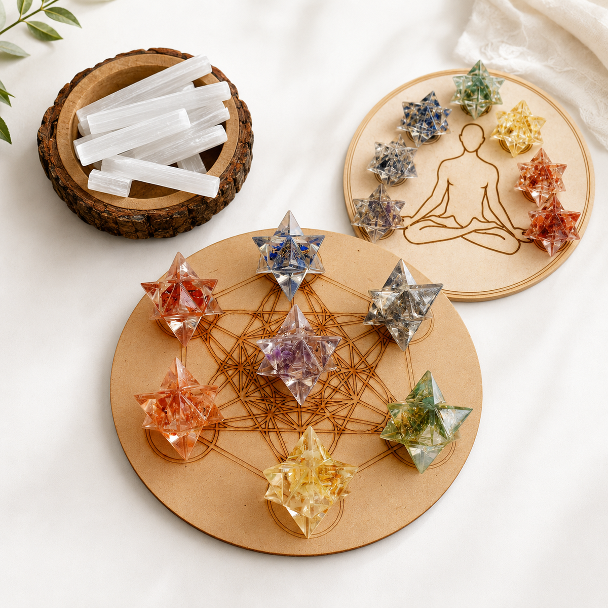 7 Chakra Orgone Merkaba Set,  Chakra Crystals Set with Wooden Grid Plate, Selenite Log