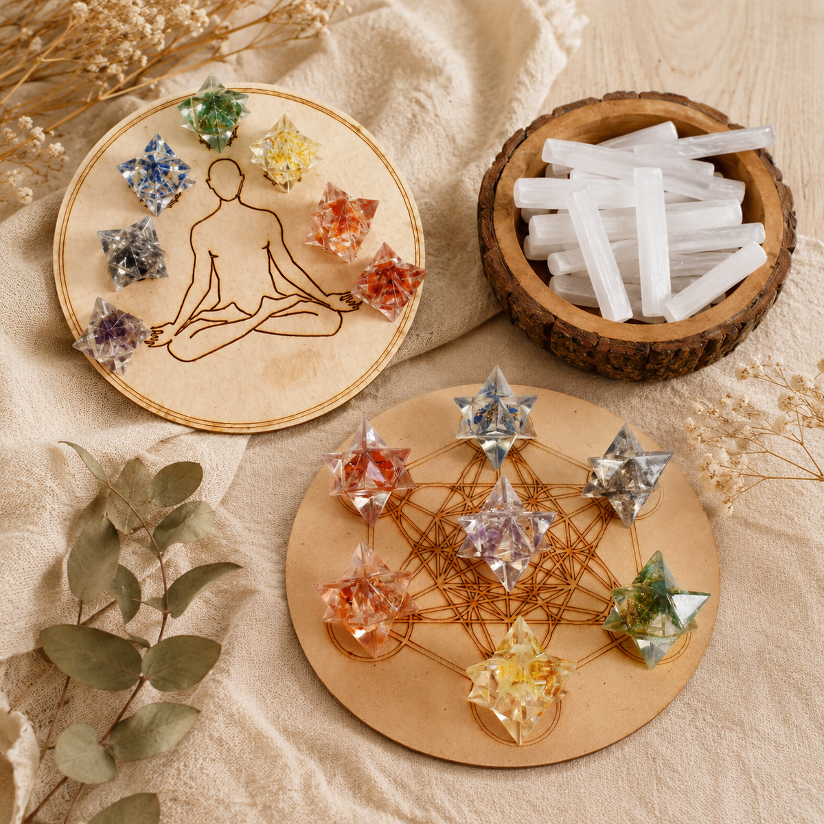 7 Chakra Orgone Merkaba Set,  Chakra Crystals Set with Wooden Grid Plate, Selenite Log