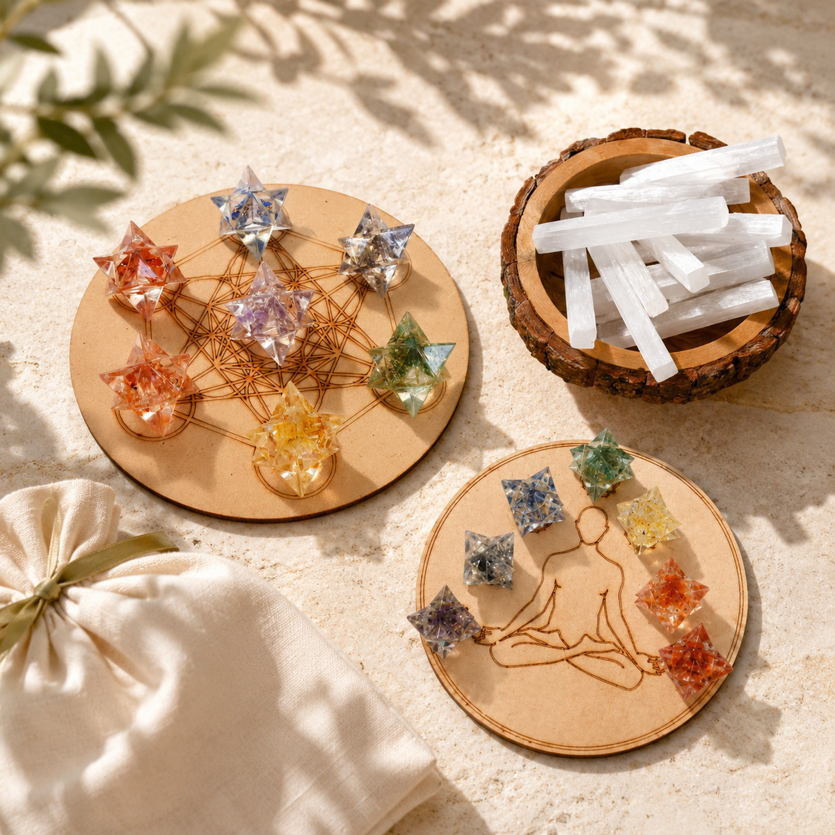 7 Chakra Orgone Merkaba Set,  Chakra Crystals Set with Wooden Grid Plate, Selenite Log