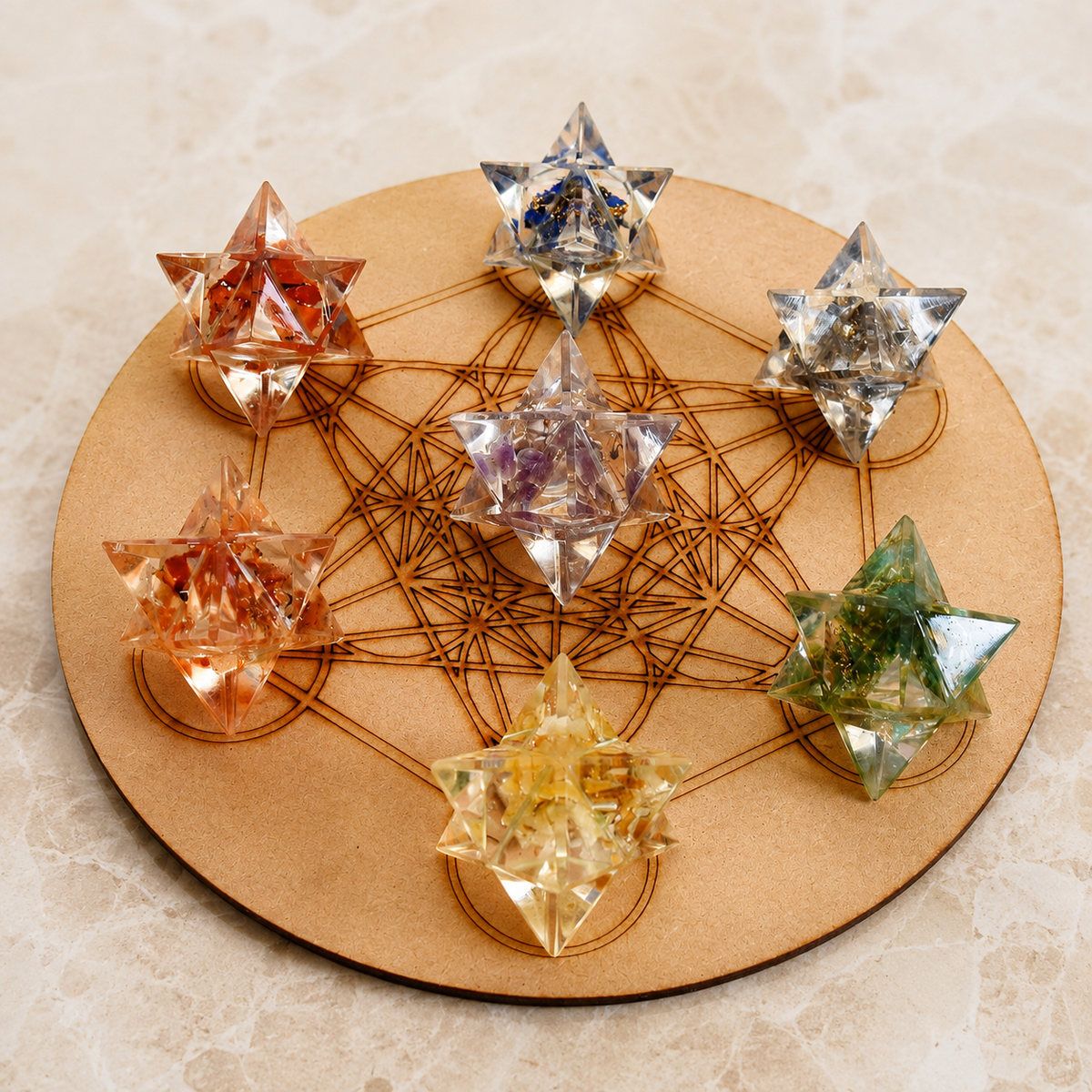 7 Chakra Orgone Merkaba Set,  Chakra Crystals Set with Wooden Grid Plate, Selenite Log