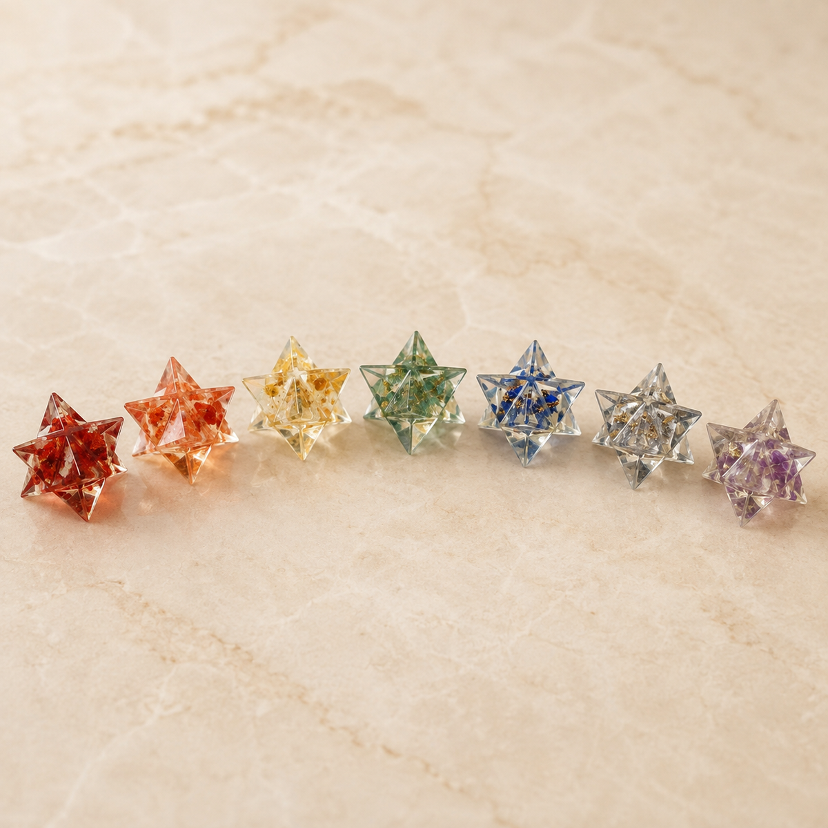 7 Chakra Orgone Merkaba Set,  Chakra Crystals Set with Wooden Grid Plate, Selenite Log