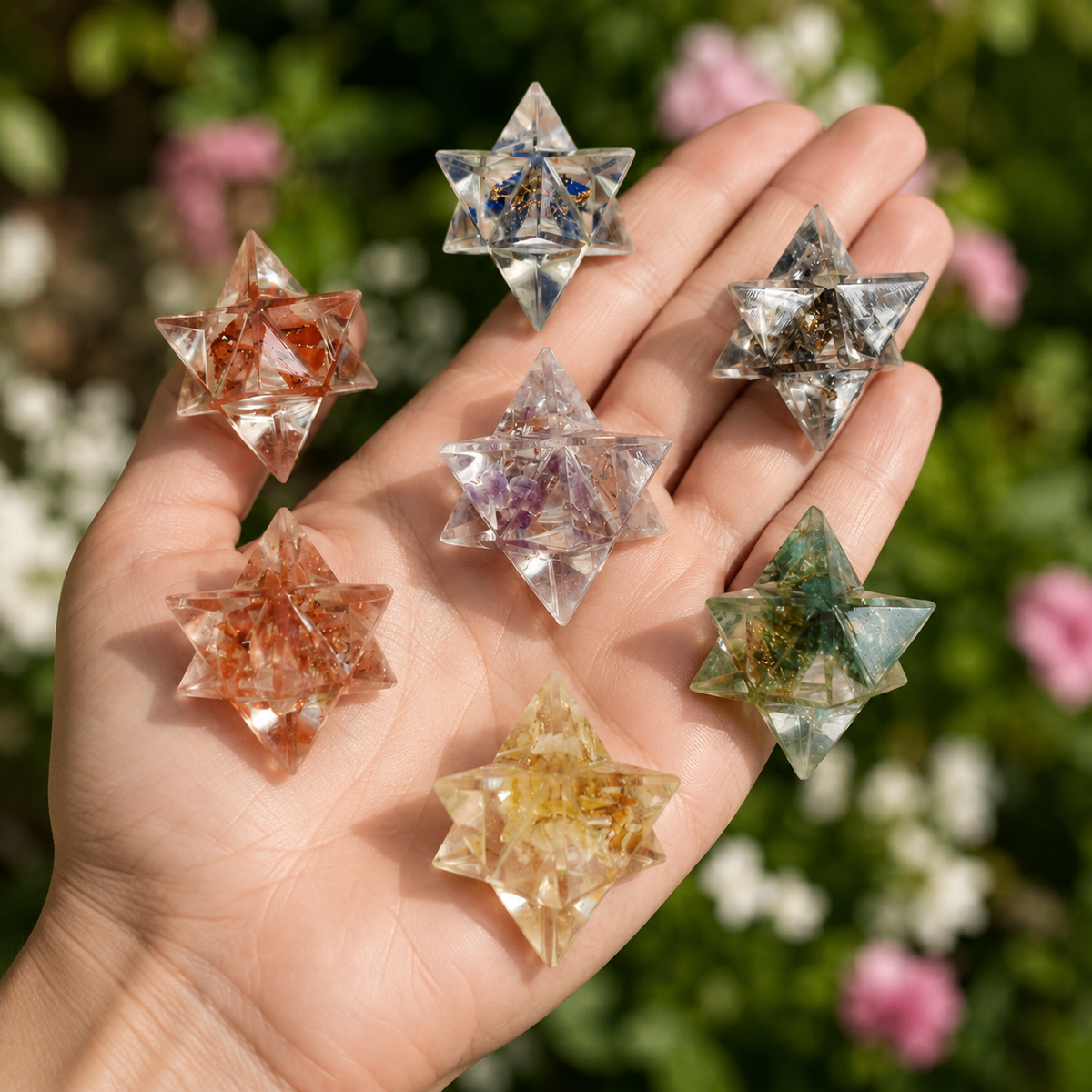 7 Chakra Orgone Merkaba Set,  Chakra Crystals Set with Wooden Grid Plate, Selenite Log