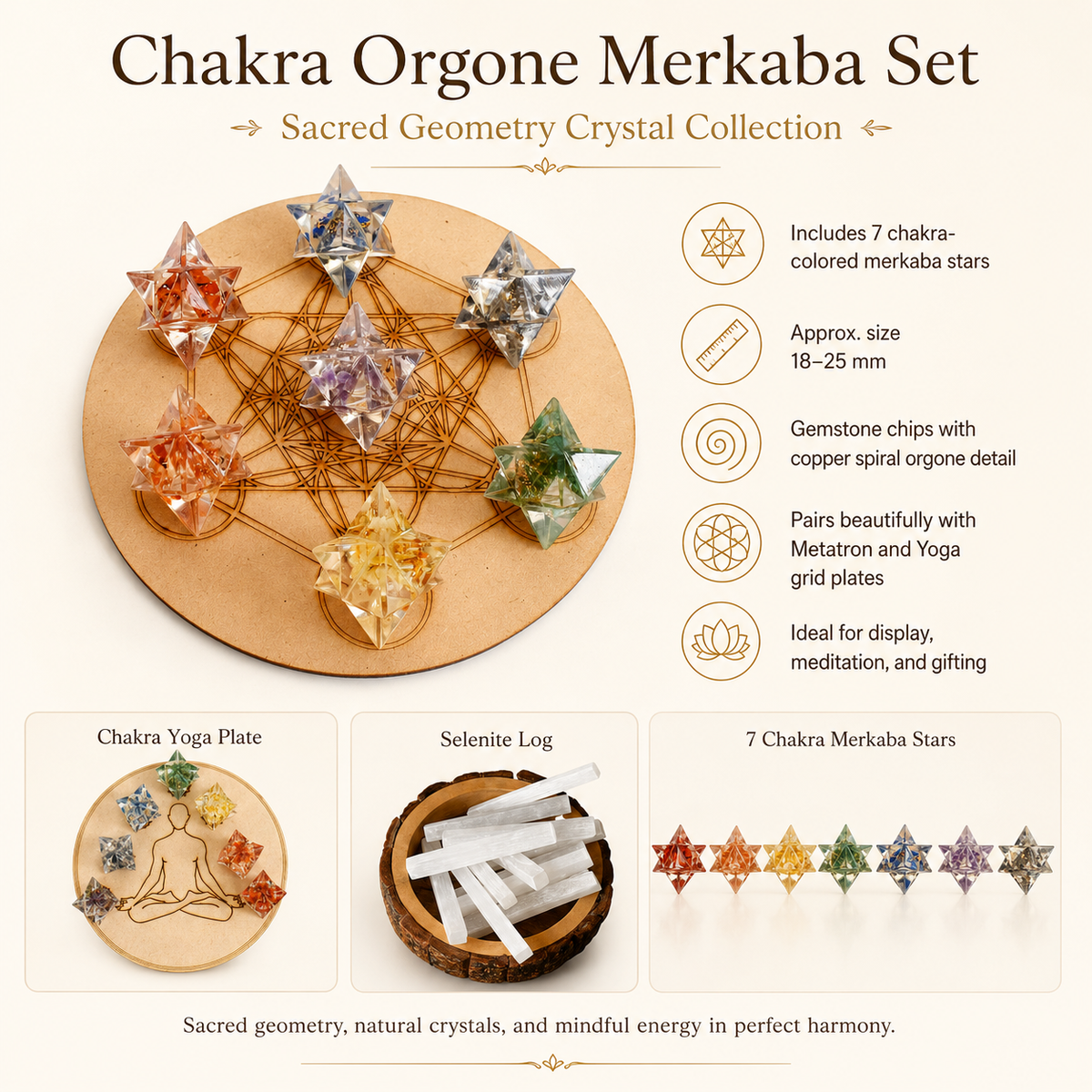 7 Chakra Orgone Merkaba Set,  Chakra Crystals Set with Wooden Grid Plate, Selenite Log