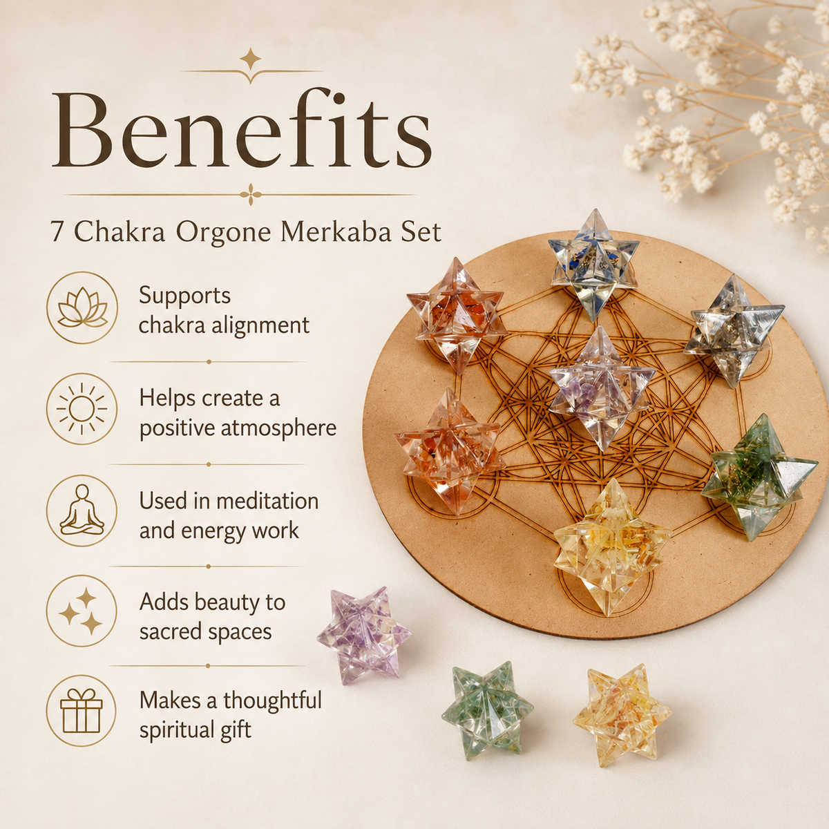 7 Chakra Orgone Merkaba Set,  Chakra Crystals Set with Wooden Grid Plate, Selenite Log