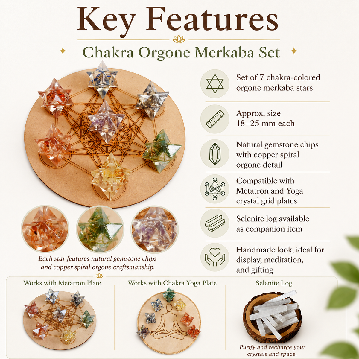 7 Chakra Orgone Merkaba Set,  Chakra Crystals Set with Wooden Grid Plate, Selenite Log