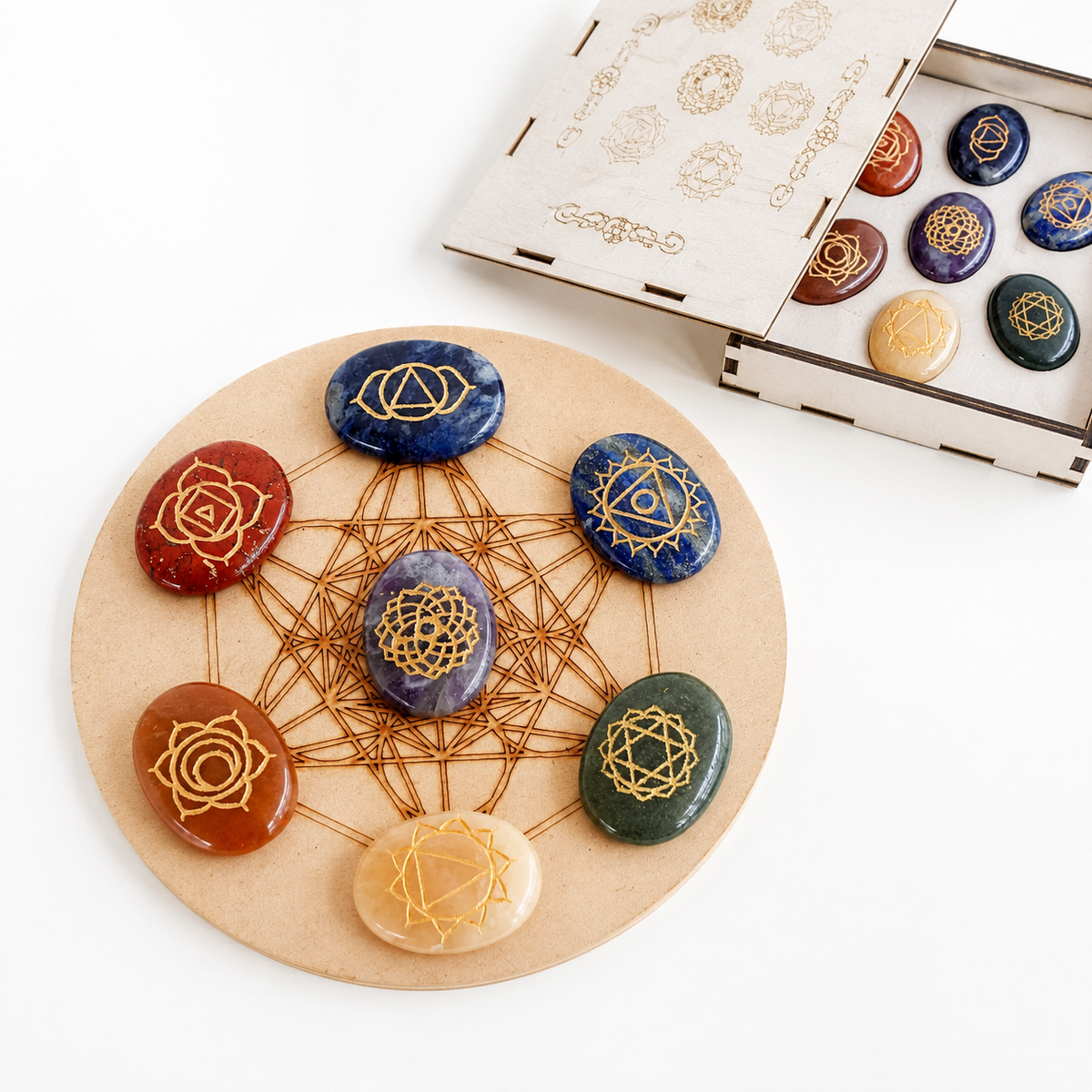 Chakra Crystals Set, Oval Reiki 7 Chakra Stones Set, Wooden Grid Plate, Selenite Log