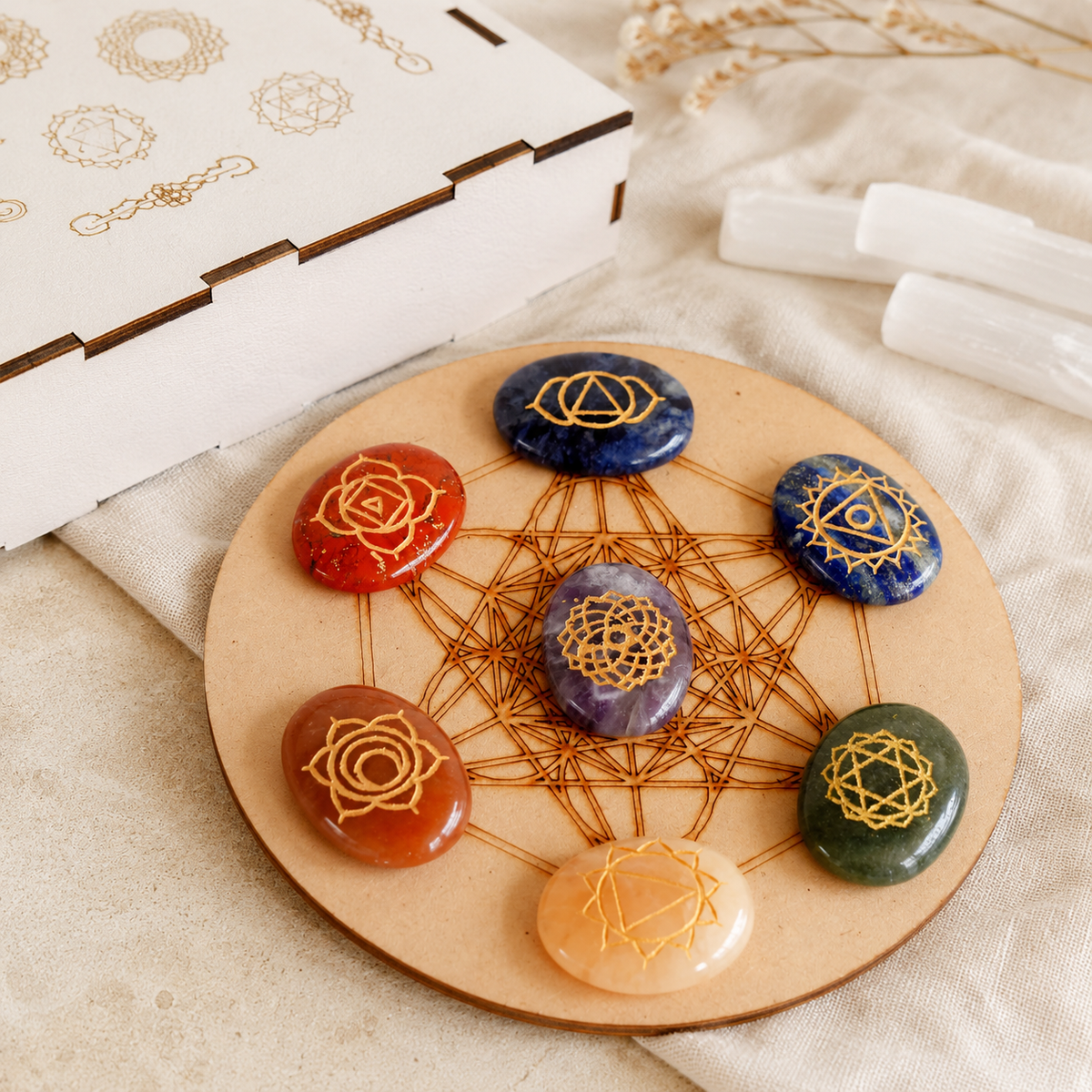Chakra Crystals Set, Oval Reiki 7 Chakra Stones Set, Wooden Grid Plate, Selenite Log
