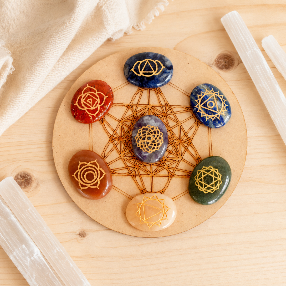Chakra Crystals Set, Oval Reiki 7 Chakra Stones Set, Wooden Grid Plate, Selenite Log