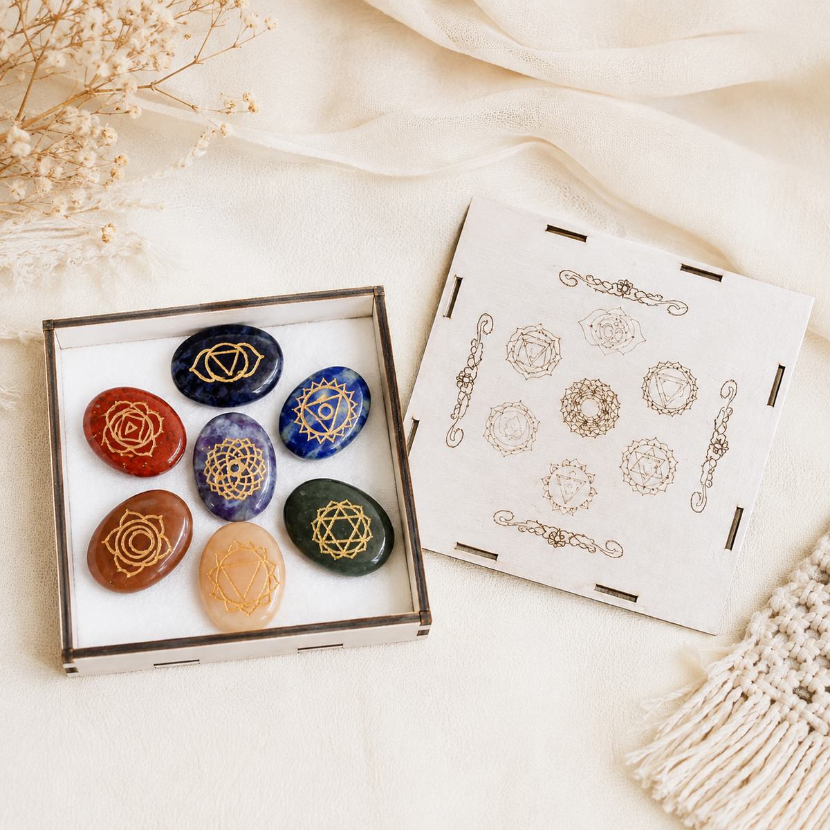 Chakra Crystals Set, Oval Reiki 7 Chakra Stones Set, Wooden Grid Plate, Selenite Log