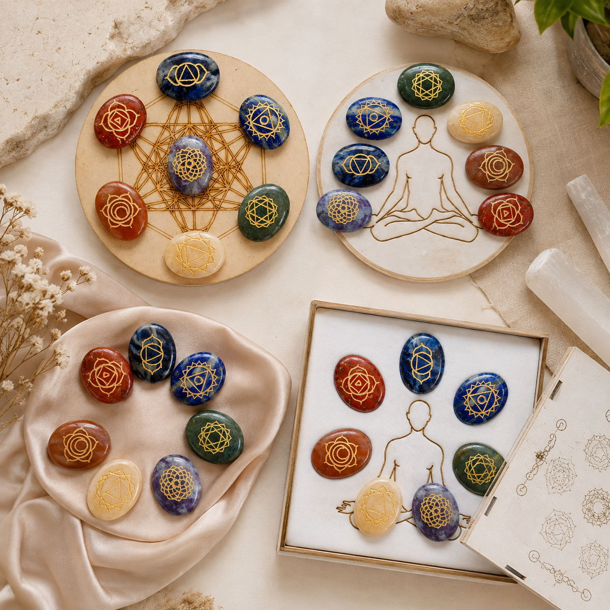 Chakra Crystals Set, Oval Reiki 7 Chakra Stones Set, Wooden Grid Plate, Selenite Log