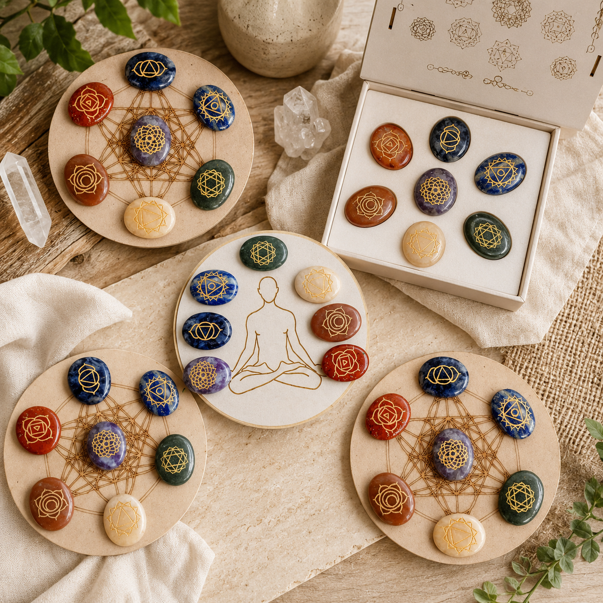 Chakra Crystals Set, Oval Reiki 7 Chakra Stones Set, Wooden Grid Plate, Selenite Log