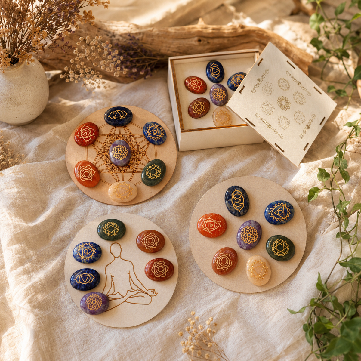 Chakra Crystals Set, Oval Reiki 7 Chakra Stones Set, Wooden Grid Plate, Selenite Log