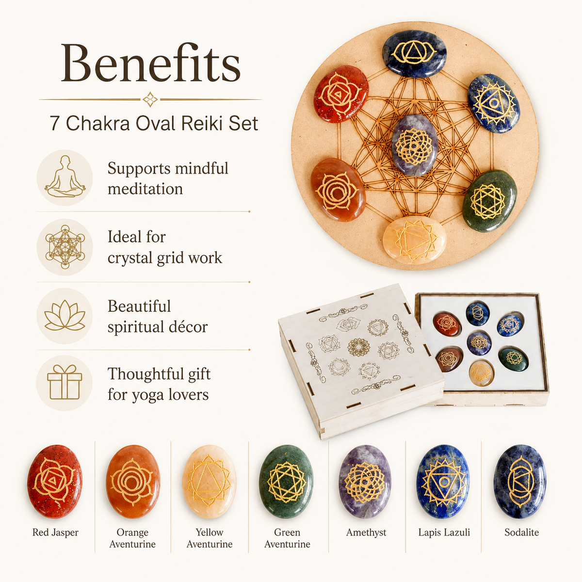 Chakra Crystals Set, Oval Reiki 7 Chakra Stones Set, Wooden Grid Plate, Selenite Log