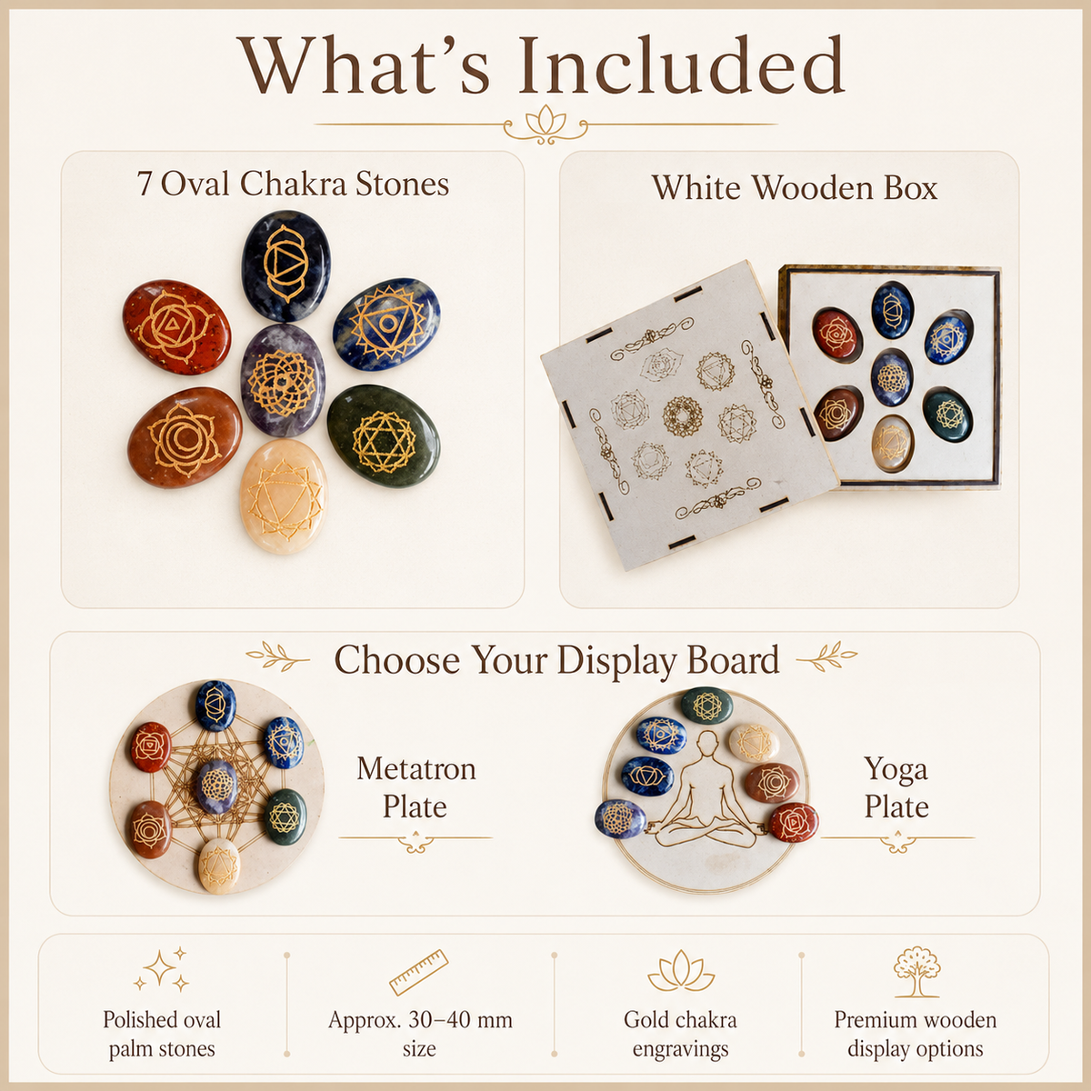 Chakra Crystals Set, Oval Reiki 7 Chakra Stones Set, Wooden Grid Plate, Selenite Log