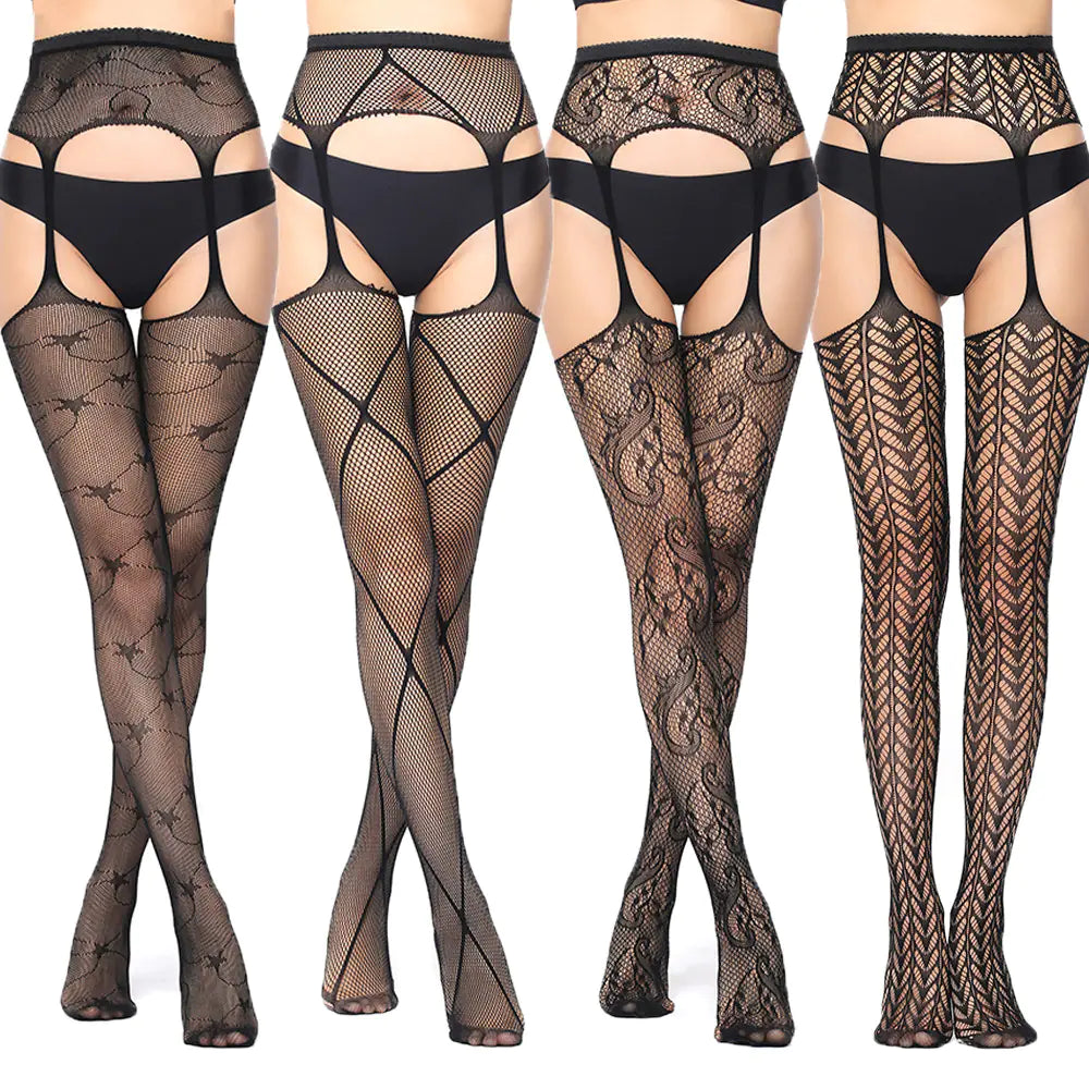 Factory Stock Women's Fishnet Stockings with Floral Design - Lingerie