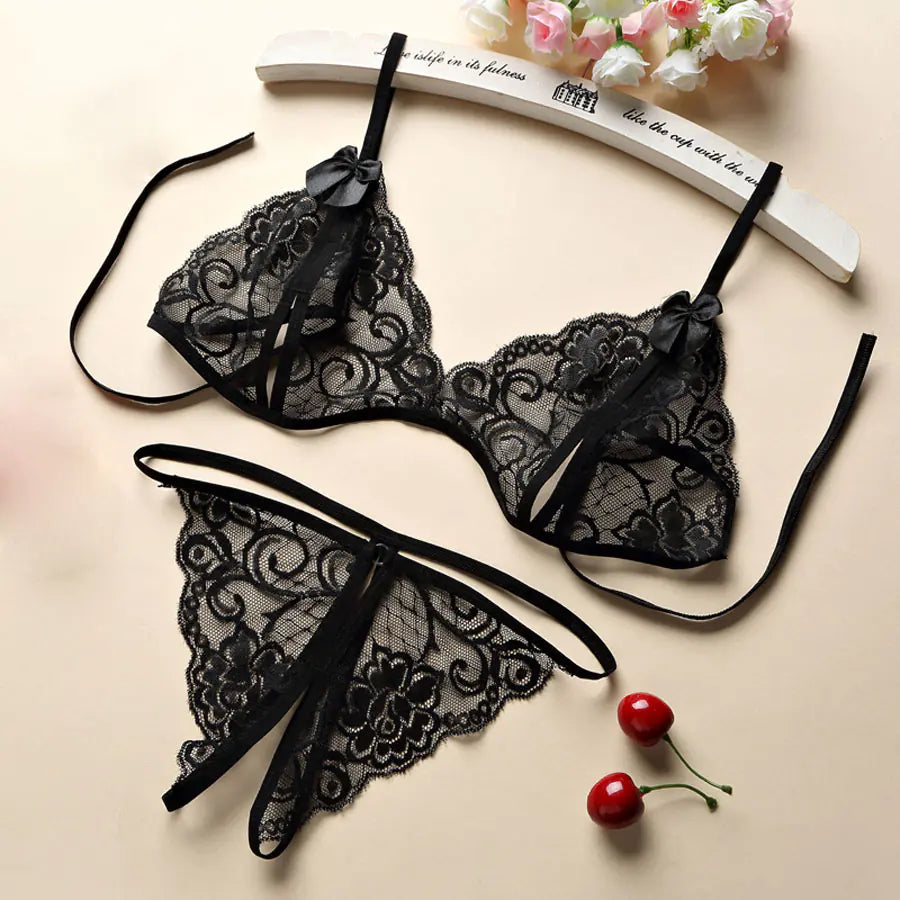 Lace Three-Piece Open-Crotch Lingerie Set