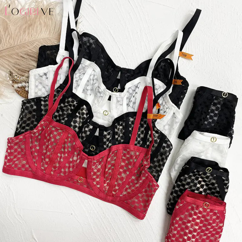 Ultra-Thin Contrast Color Lace Bra Set for Summer - Lingerie