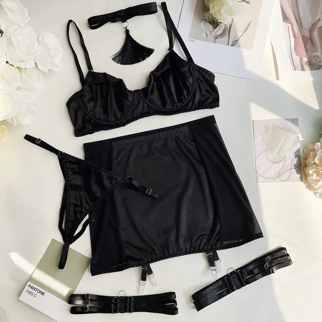 5-Piece Women's Satin Choker Lingerie Set with Garter
