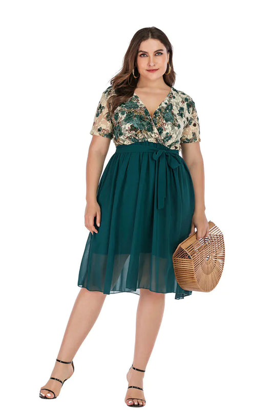 Plus Size V-Neck Chiffon Dress for Curvy Women - 888