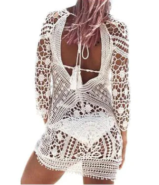 Beach Vacation Sunscreen Cover-Up Dress with Lace Detail - Lingerie