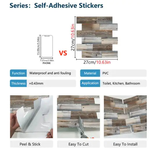 12 Pcs Wood Grain Splicing Wall Sticker Peel And Stick Backsplash PVC Wall Tile, Waterproof And Oil -Resistant Stickon Tile For Kitchen Backplash, Bathroom Self Adhesive Design Wall Decoration