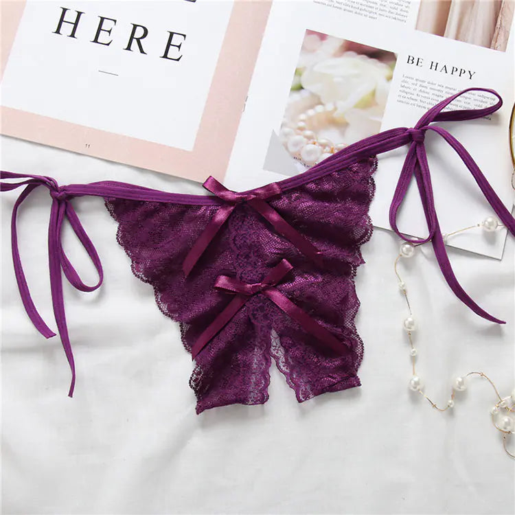 Lace-Trimmed Open-Crotch T-Back Panties for Women - Lingerie