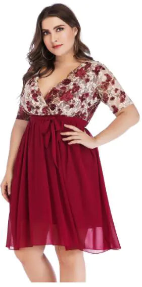 Plus Size V-Neck Chiffon Dress for Curvy Women - 888
