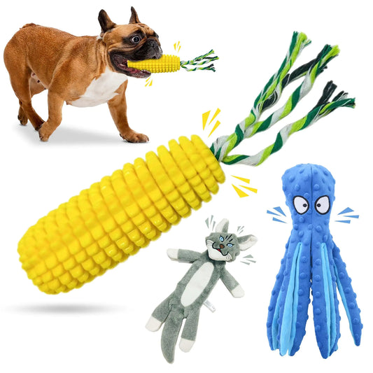 Fun Hattrick Dog Toy Bundle - 3 Great Toys Multipack for Teething Puppies & Aggressive Chewers No Stuffing Squeaky Toys Ideal Dog Toys Bundle for Teeth Cleaning Tiny Dog Toys Great Value - US seller
