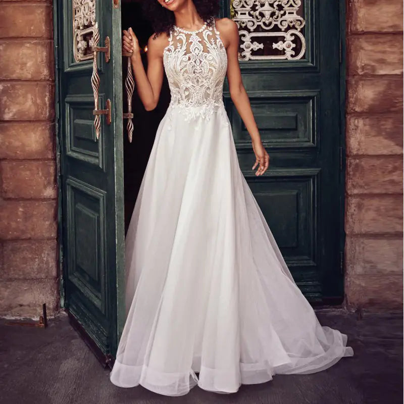 Lace Sleeveless Halter Wedding Dress Long Gown - 888