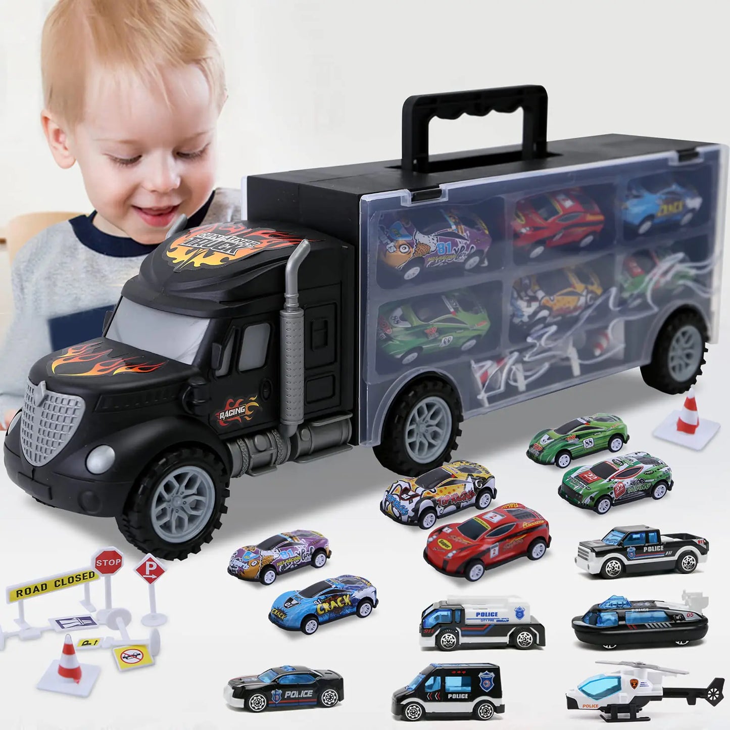 Toddler Toys for 3-4 Year Old BoysLarge Transport Cars Carrier Set Truck Toys with 12 Die cast Vehicles Truck Toys CarsIdeal Christmas Easter Gifts Toys for Kids Age 3-7 - US seller