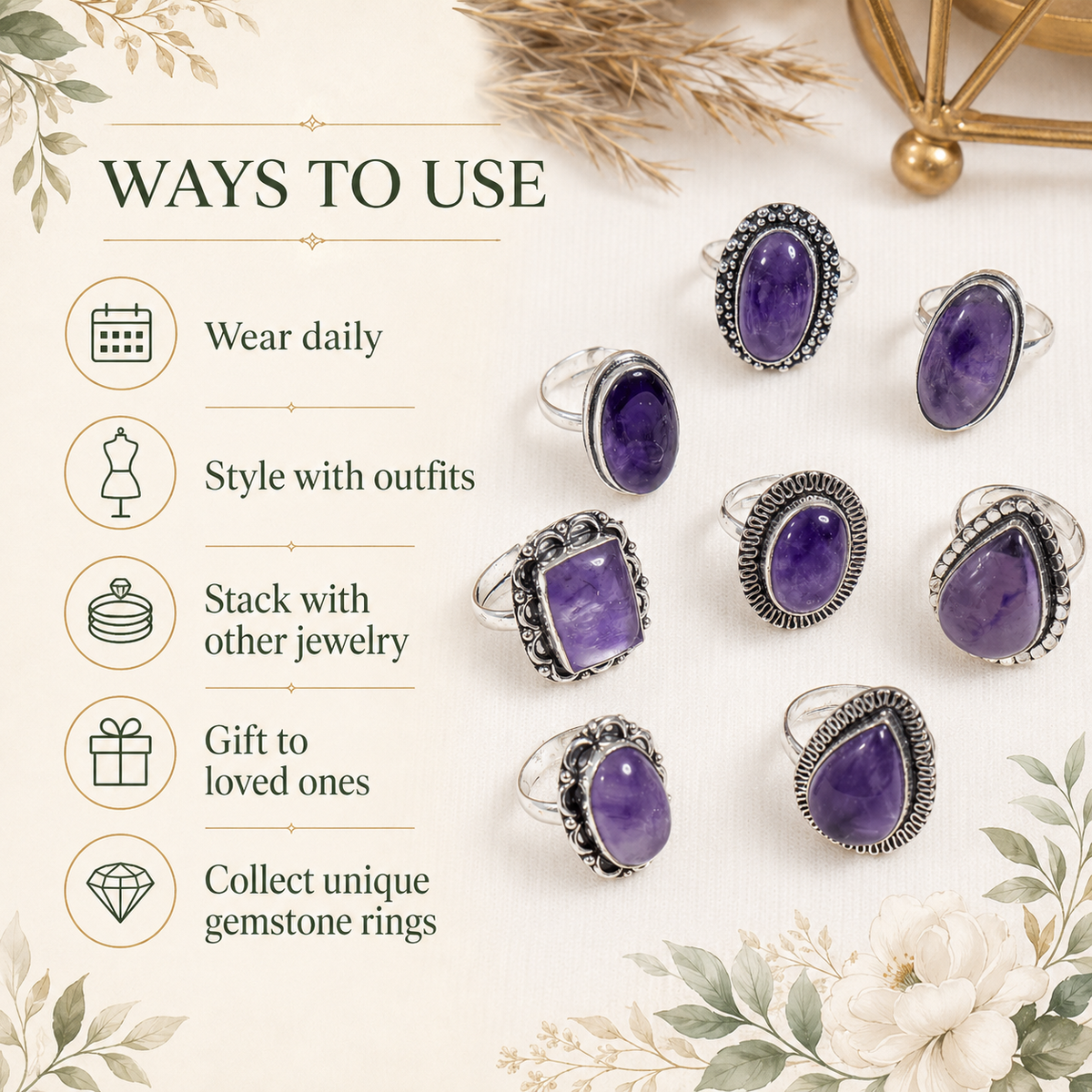 Amethyst  Rings – Gemstone rings Natural Crystal Healing Jewelry Collection