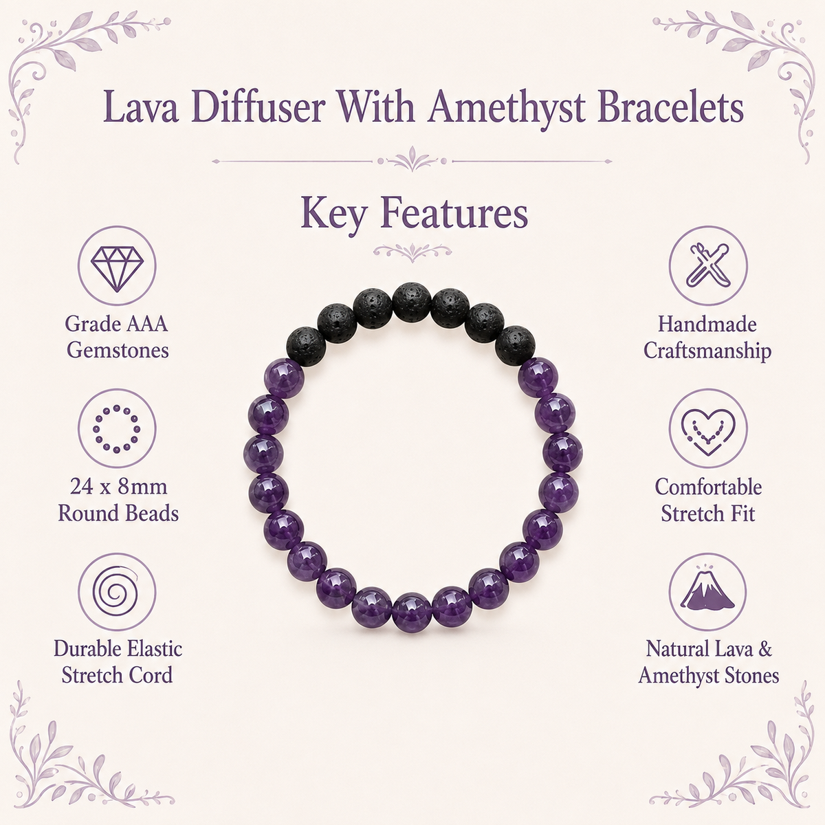 Amethyst Diffuser Bracelet, Lava Diffuser Jewelry, Aromatherapy, Essential Oil Bracelet, Spiritual Gift, Yoga Gift for Her