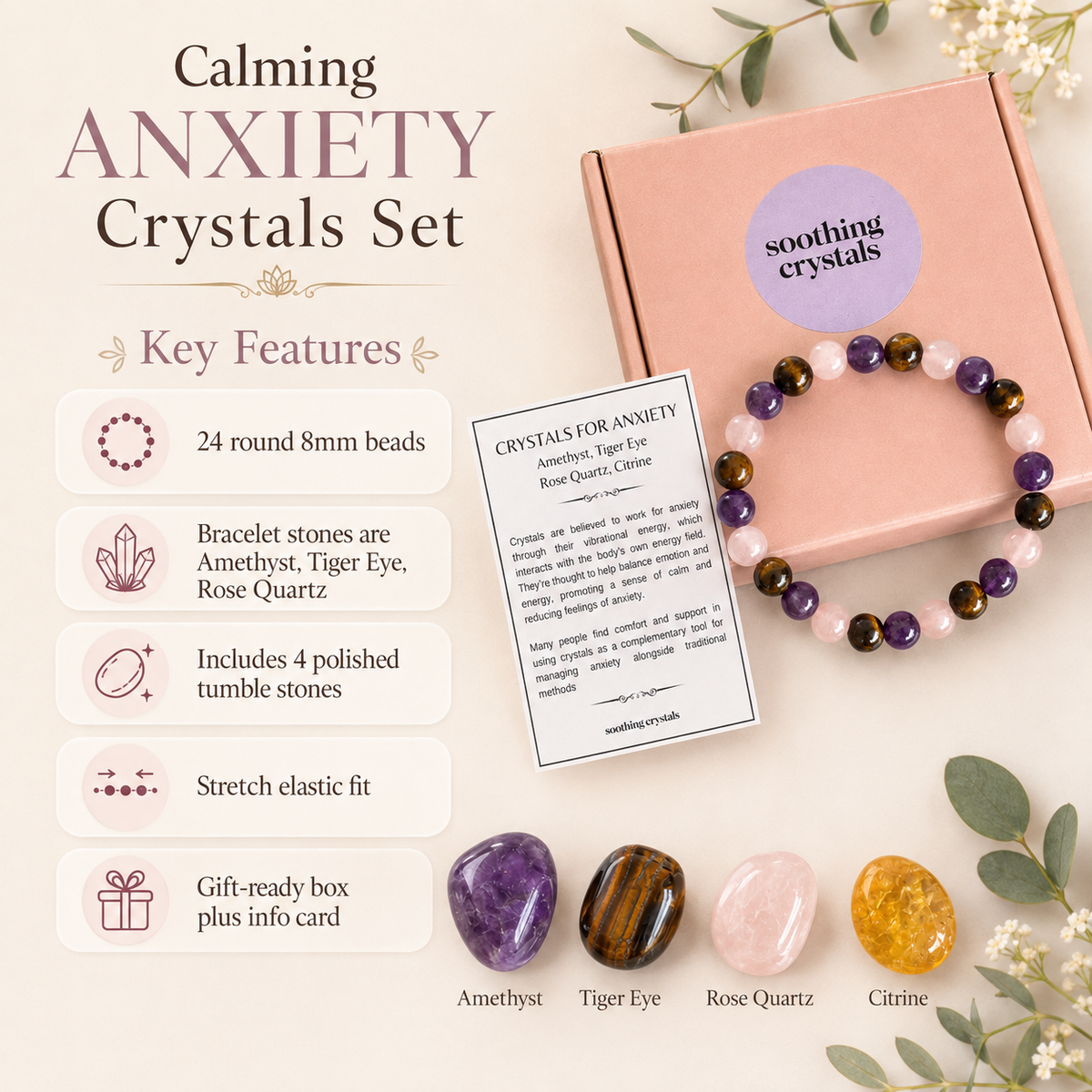 Calming ANXIETY Crystal Kit, Gemstone Tumble Kit, Anxiety Crystal Gift Set