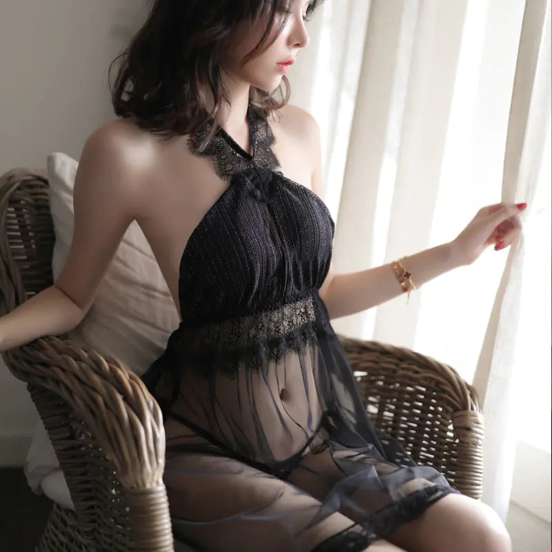 Lace Transparent Nightgown Set with Backless Design - Lingerie
