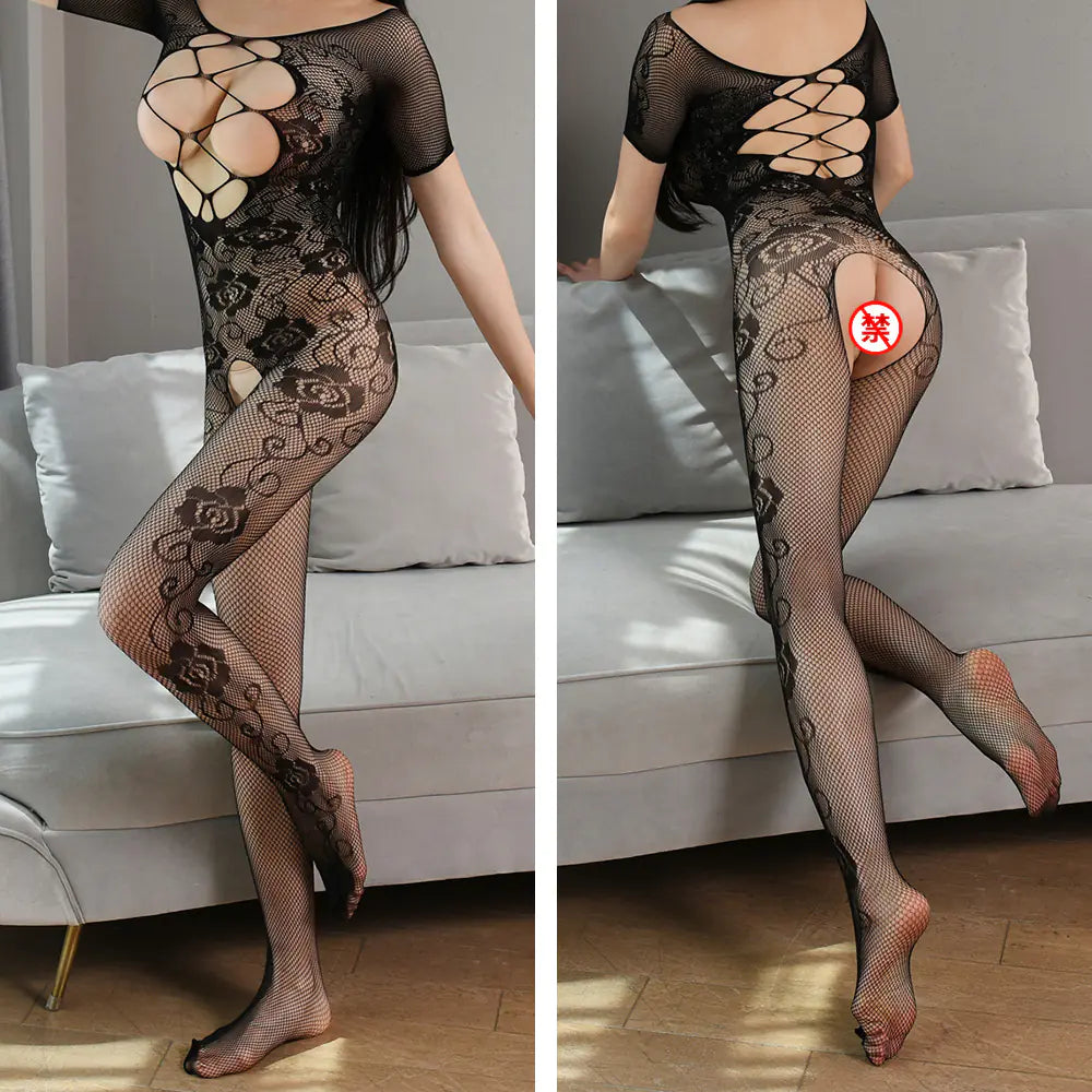 Sheer Red Lingerie Set with Open Crotch and Stockings