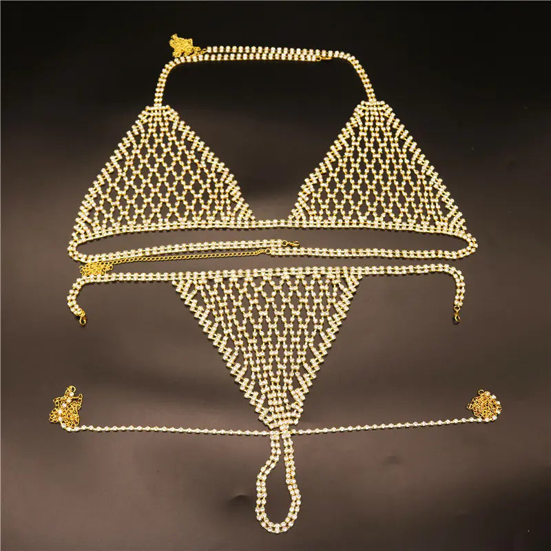 Exaggerated Rhinestone Body Chain Bikini Set - Lingerie