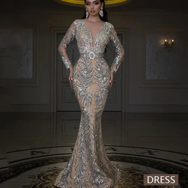 Sequined Long Sleeve Dress for Nightclubs and Parties - 888