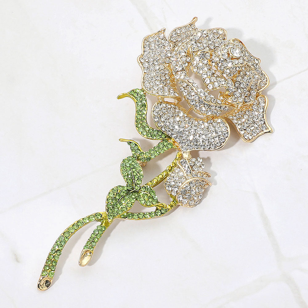 Bold Elegant Rhinestone Rose Stem Pin Brooch
