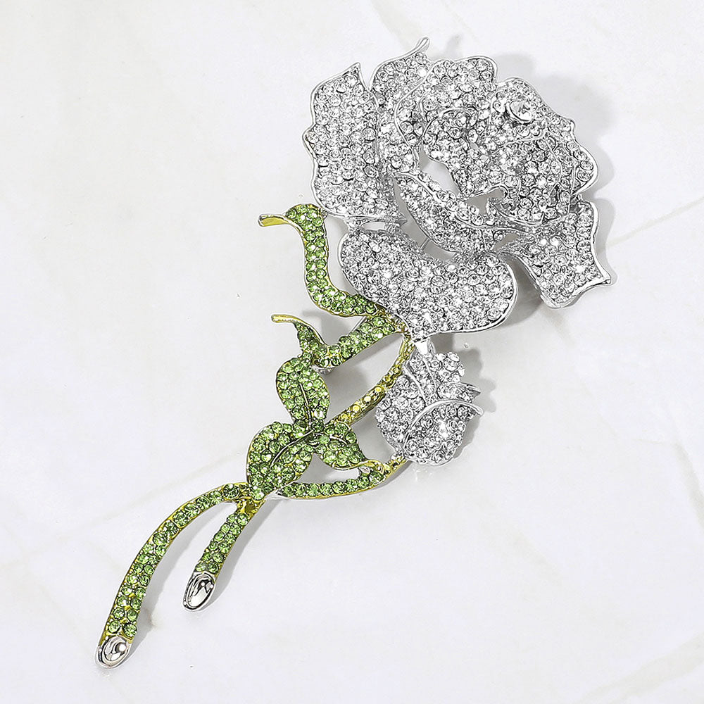Bold Elegant Rhinestone Rose Stem Pin Brooch