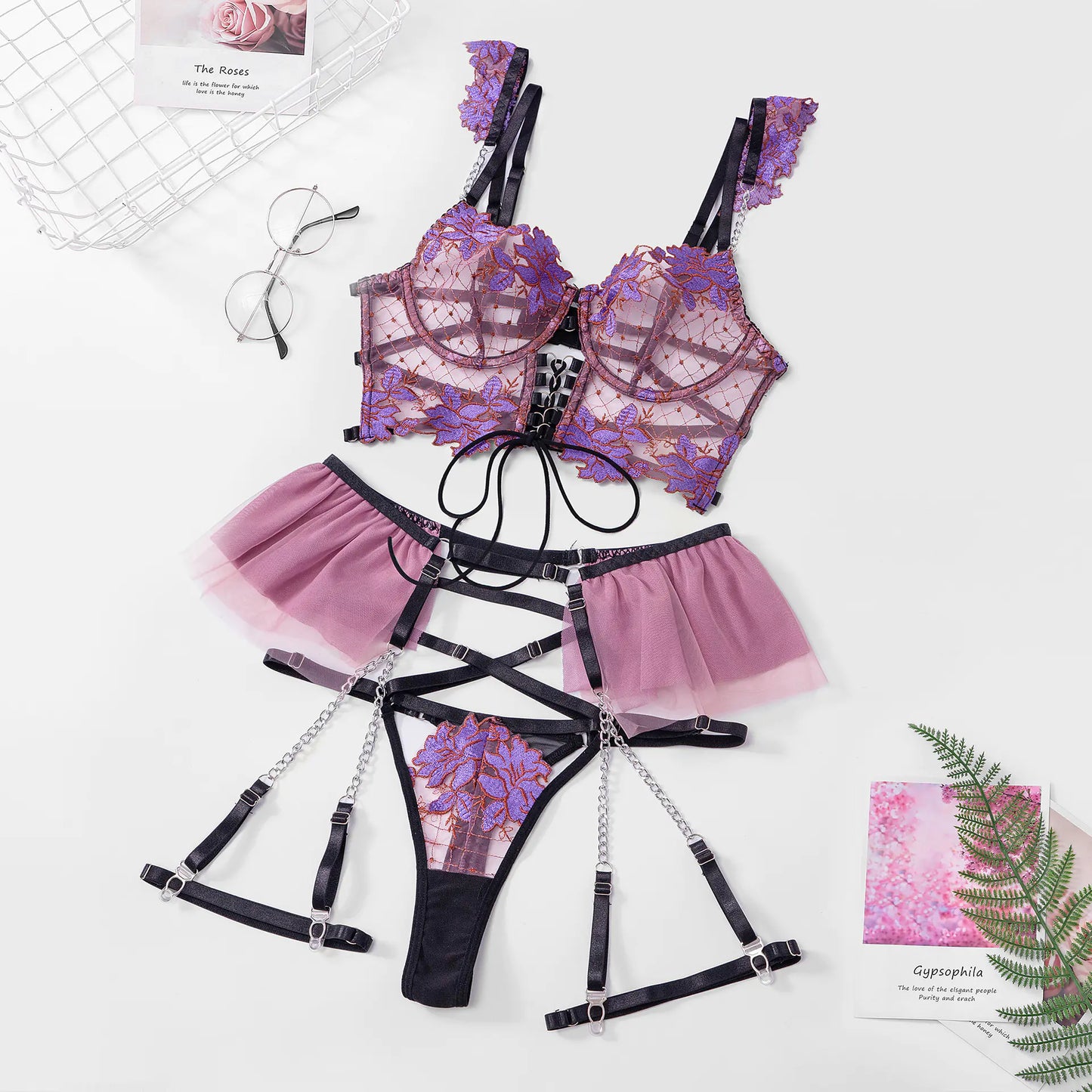 Floral Embroidery Lingerie Set with Chain Cami Top