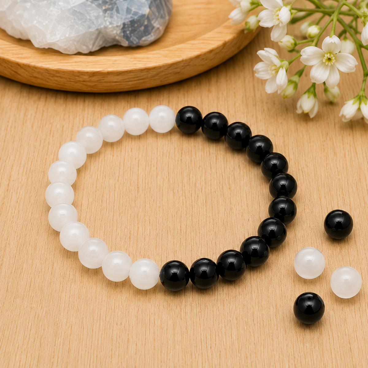 Yin Yang Balance Crystal Bracelet, Selenite, Black Tourmaline Crystal Healing Spiritual Support Balance