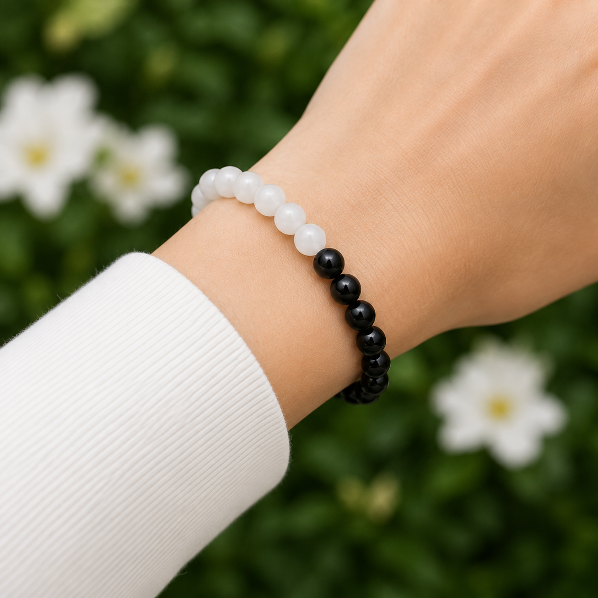 Yin Yang Balance Crystal Bracelet, Selenite, Black Tourmaline Crystal Healing Spiritual Support Balance