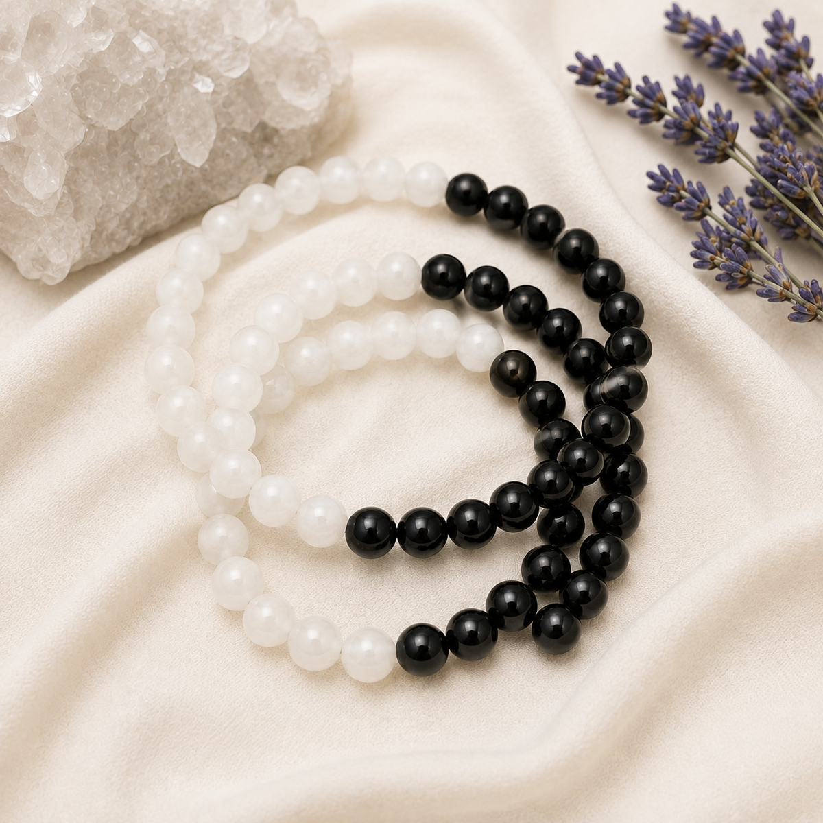 Yin Yang Balance Crystal Bracelet, Selenite, Black Tourmaline Crystal Healing Spiritual Support Balance