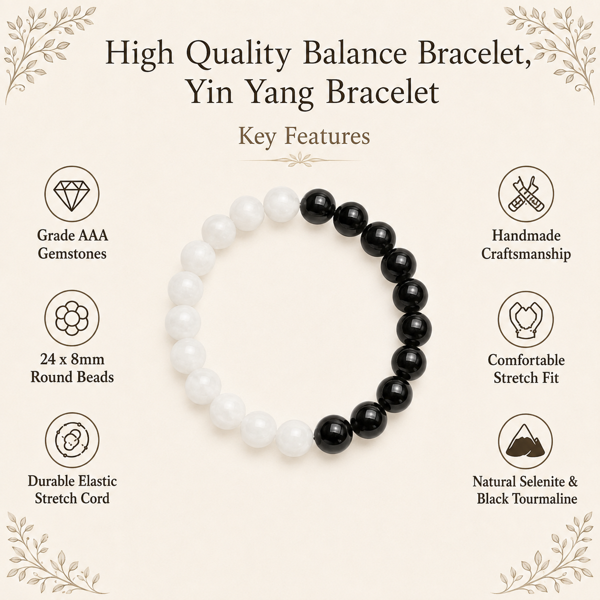 Yin Yang Balance Crystal Bracelet, Selenite, Black Tourmaline Crystal Healing Spiritual Support Balance